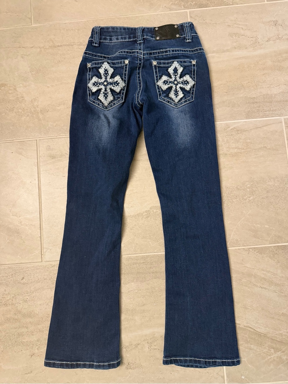 Girls' Dark Blue Flare Jeans with Embroidered Back Pockets